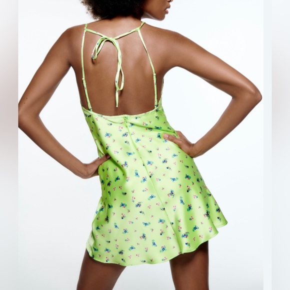 ZARA NEON SATIN EFFECT LIME GREEN FLORAL OPEN BACK MINI DRESS - Picture 6 of 6